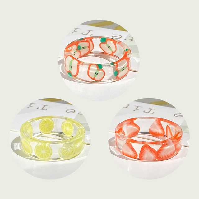 Korea Colorful Fashion Resin Fruit Ring Set Metal Geometric Irregular Open Rings for Women Party Wedding Jewelry Ring Set