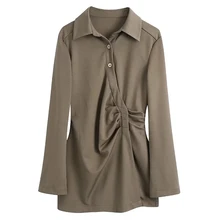 

2022 Spring Fall Women Casual Lapel Irregular Long Sleeve Tops Winter Button Pleated Base Polo Shirt Fashion