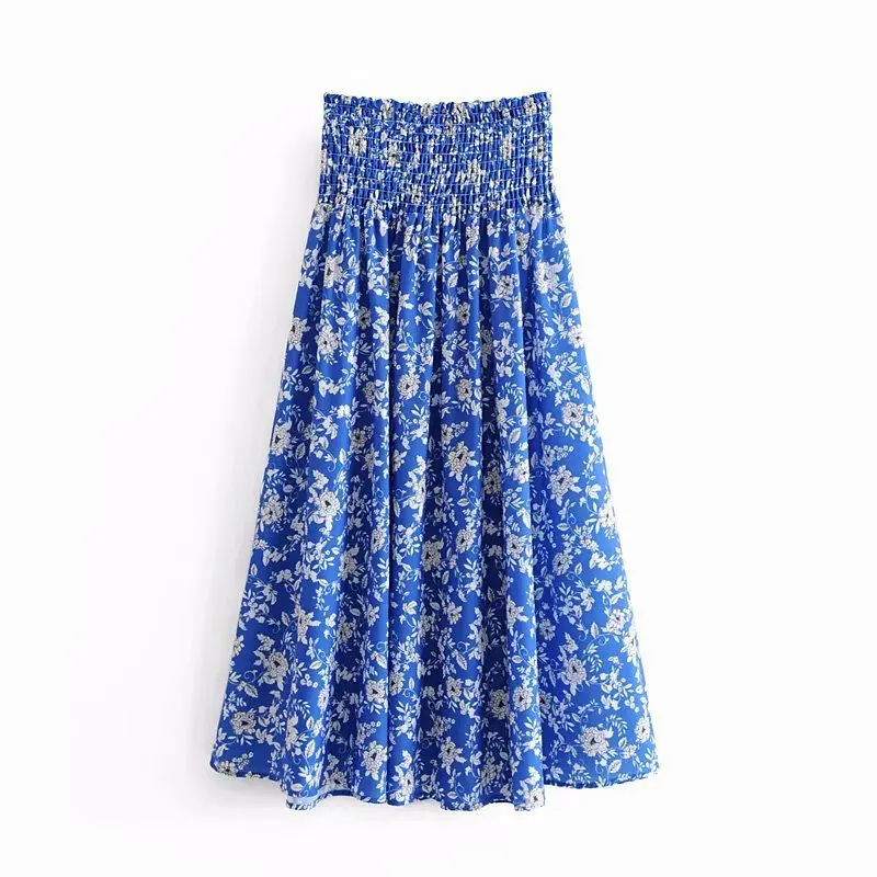 

2019 Western Style Spring And Summer WOMEN'S Dress New Style Blue Pattern Flower Mid-length Skirt