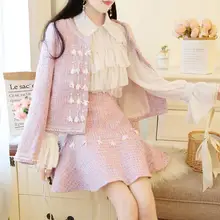 Модный женский твидовый комплект с юбкой, Осень-зима, женская розовая шерстяная Цветочная расшитая бисером куртка, пальто+ Роскошные качели, костюмы, комплект из двух предметов