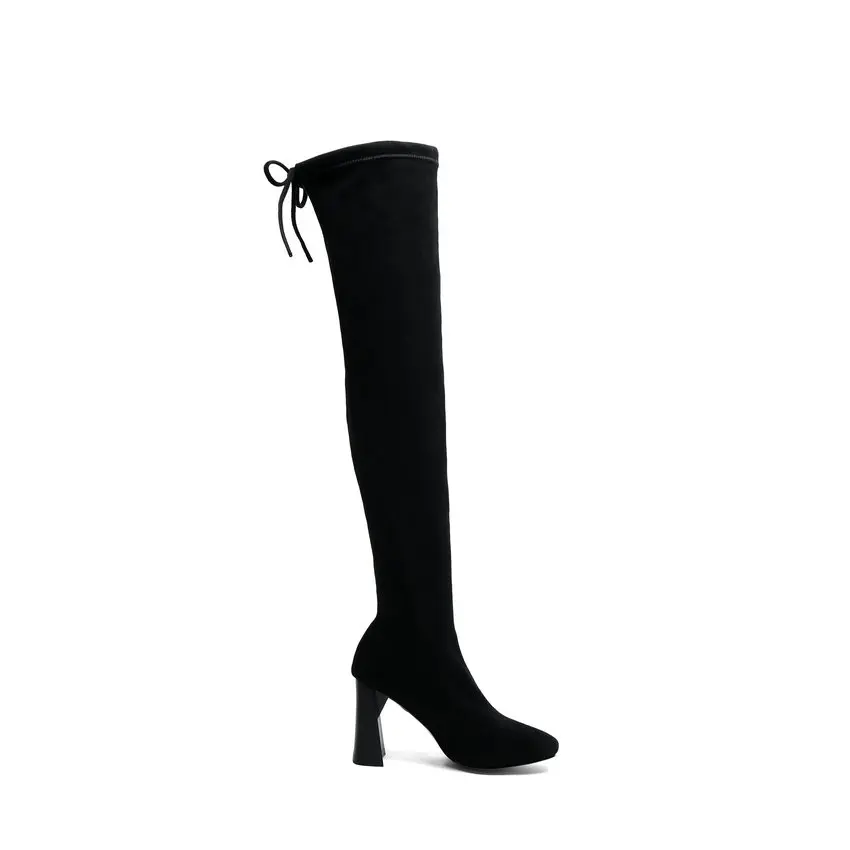 QUTAA Stretch Flock Square Heel Winter Warm Fur Women Shoes Round Toe Lace Up Casual Over The Knee High Boots Size 34-39