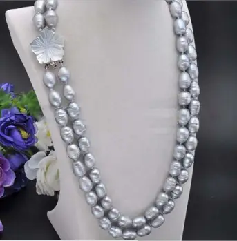 

Free shipping 2 Rows 10-11mm Natural Gray Rice Freshwater Cultured Pearl Necklace 18-19'' AAA