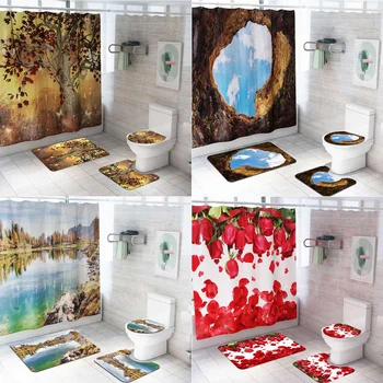 

Rose Petal Shower Curtains and Toilet Cover Floor Mat Set Bathroom Waterproof Shower Curtain Mat Non Slip Floor Rug Carpet Set