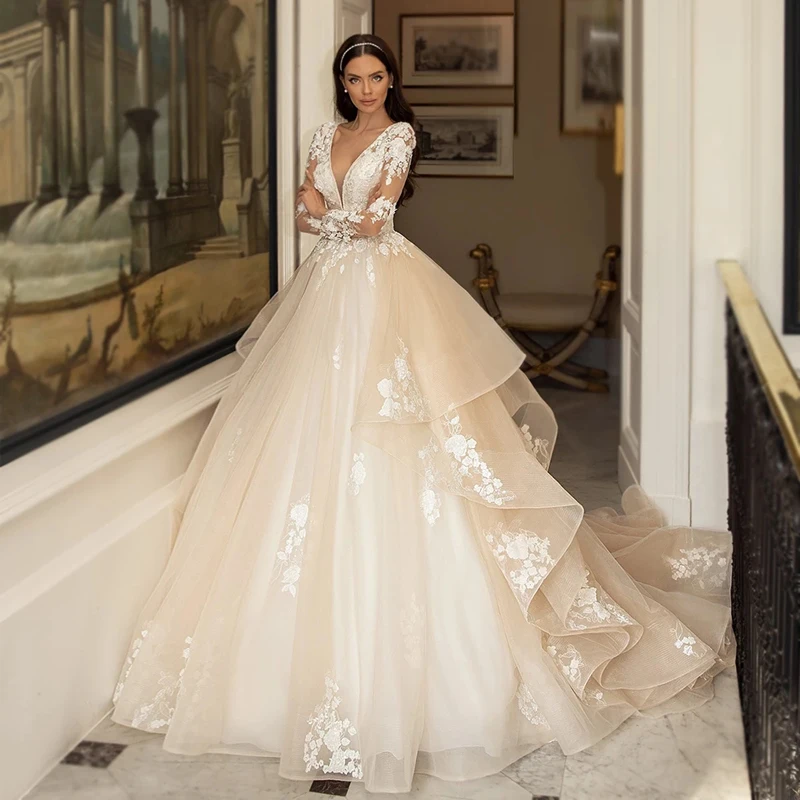 VIKTORIA Glamorous Champagne Wedding Dress Princess Long Sleeve