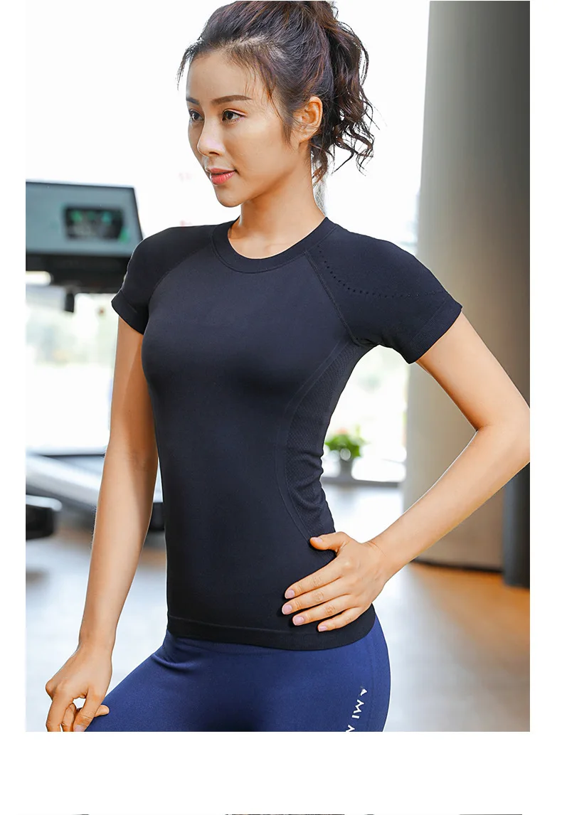 Быстросохнущая Женская Однотонная футболка с круглым воротником, Модный женский костюм для бега, тонкая футболка для фитнеса