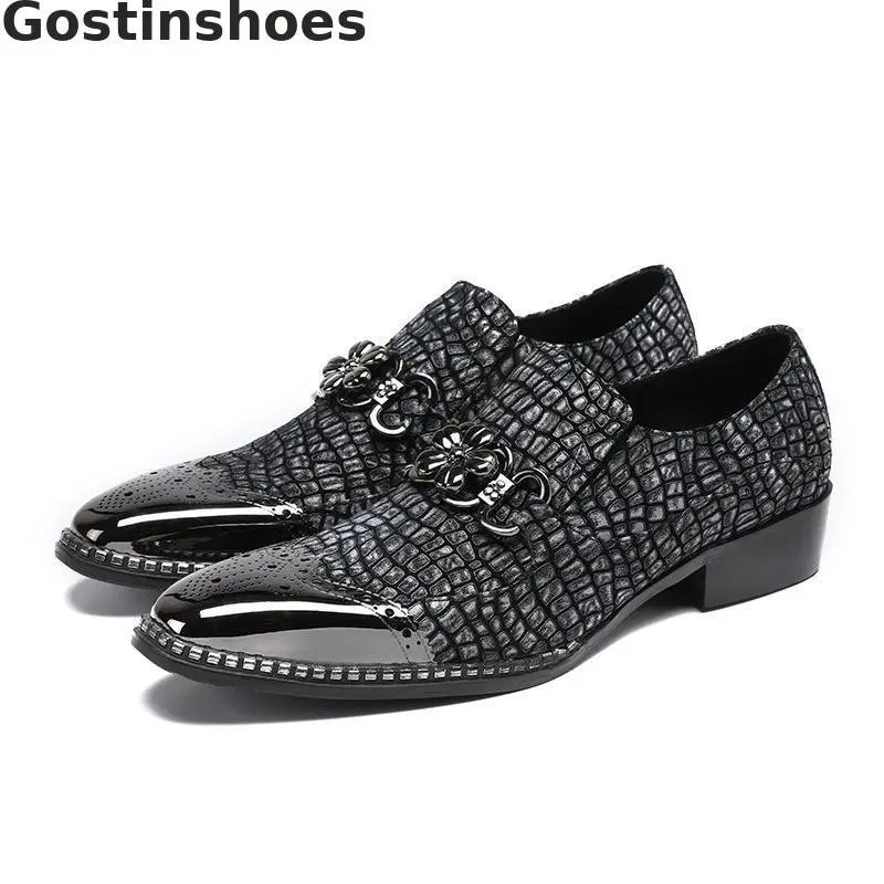 

Fashion Casual Shoes Genuine Leather Gingham Metal Capped Toe Set Foot Slip-on Derby Shoes Leisure Business Shoes Men