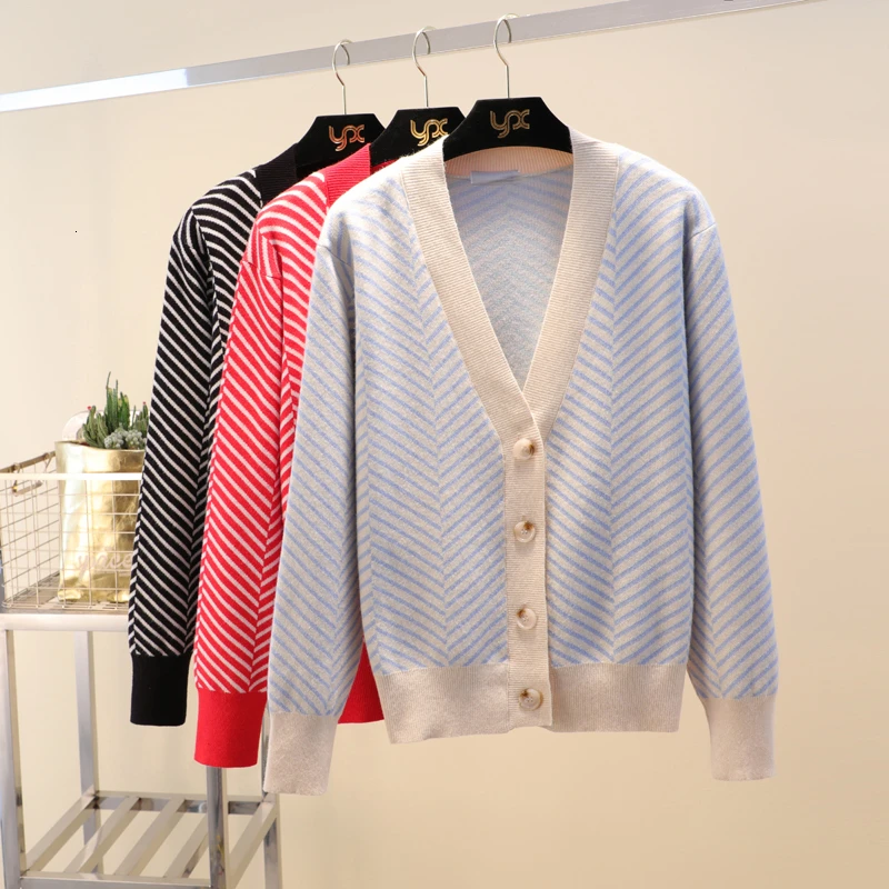 TVVOVVIN autumn women's new sweater Korean version of the loose striped sweater cardigan long-sleeved V-neck X728