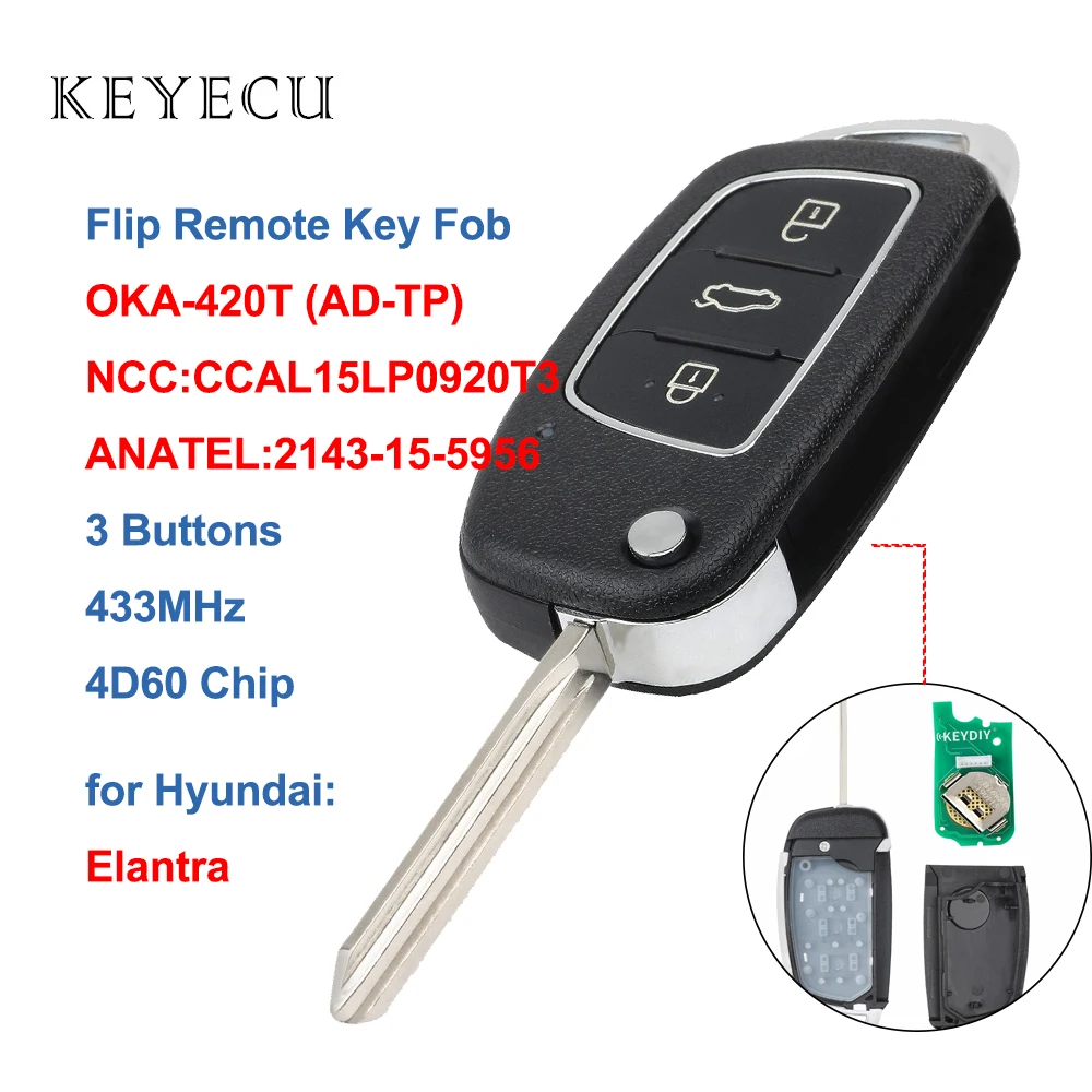 Keyecu Flip Remote Key Fob 433mhz 4d60 Chip 3 Button For Hyundai