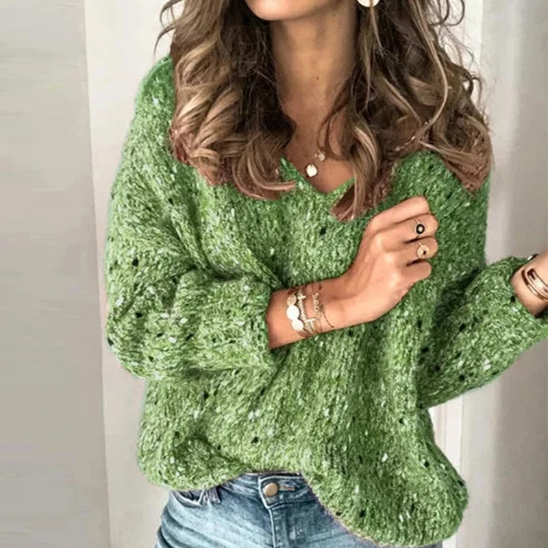 Sexy Women V-Neck Knitted Sweater Casual Solid Autumn Long Sleeve Pullover Tops Elegant Winter Warm Sweaters Jumper Pull Femme - Цвет: V-neck Green