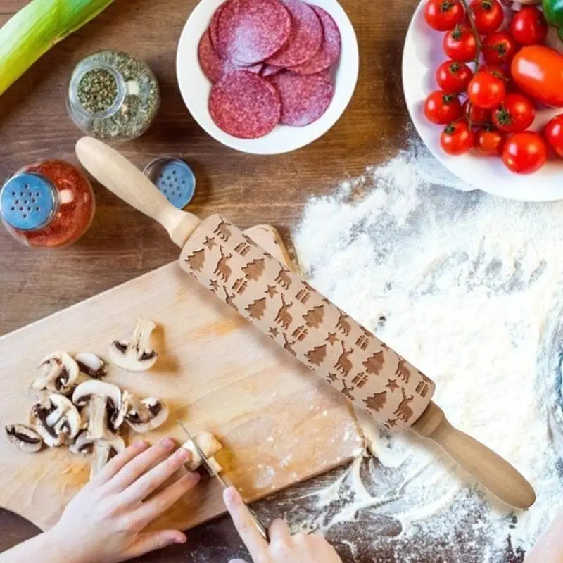 Wooden Christmas Embossing Rolling Pin Baking Cookies Noodle Biscuit Cake Dough Engraved Roller Reindeer Snowflake 35*5cm