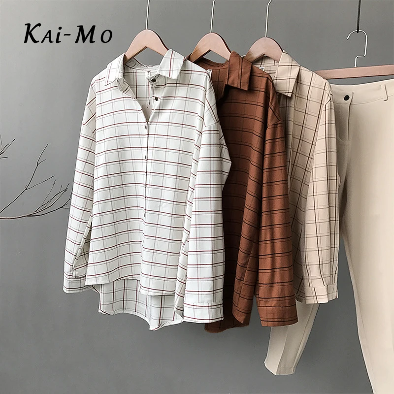 KAI-MO свободные хлопковые клетчатый блузки для колледжа рубашка клетка женский