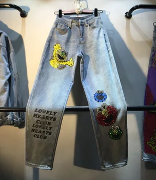 

European 2020 Spring New Heavy Industry Diamond Beaded Frog Straight Jeans Women Streetwear Denim Trousers Students Jeans Pants