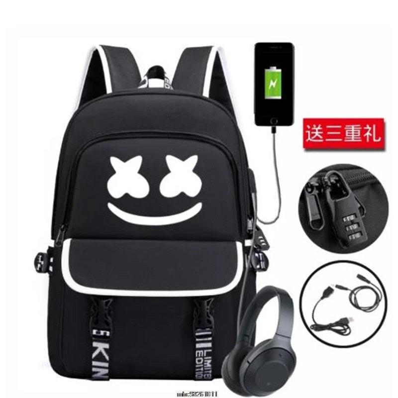 DJ Marshmello Backpack School Bag w/ USB Charg Headphone Travel Laptop Back Pack 