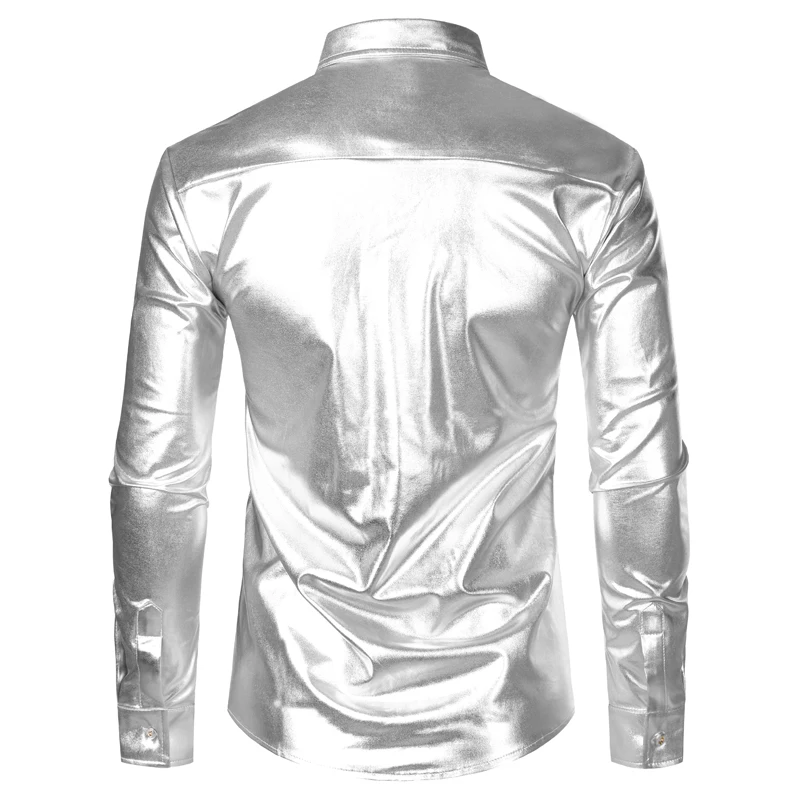 Men Glitter Shirt Silver Metallic Sequins Glitter Shirt Men 70's Disco Party Halloween Costume Stage Performance Shirt Male