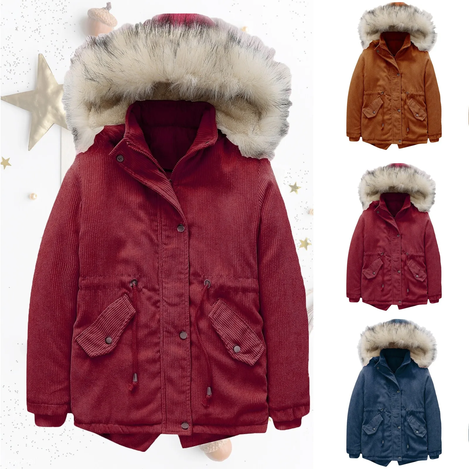 

Children's tooling wind padded clothes Winter Children's Solid Color Corduroy Hoodie Zipper Jacket Warm Clothes Fur collar M5