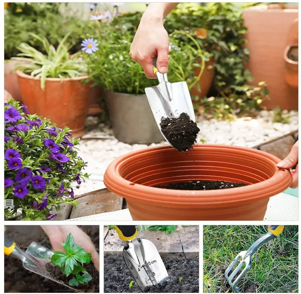3Pcs 12Inch Cast-Aluminum Gardening Tool Kit Trowel Transplant Trowel Cultivator Hand Rake Rubberized Non-Slip Ergonomic Handle