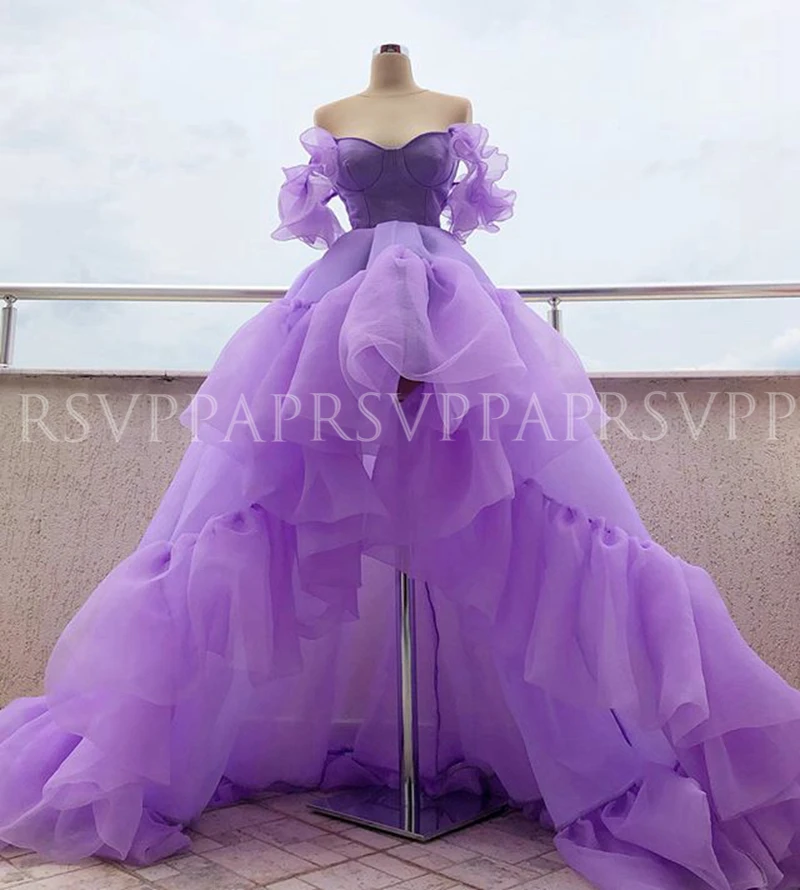

Long Simple Evening Dress 2020 Asymmetrical Short Front Long Back African Purple Organza Women Party Formal Gowns