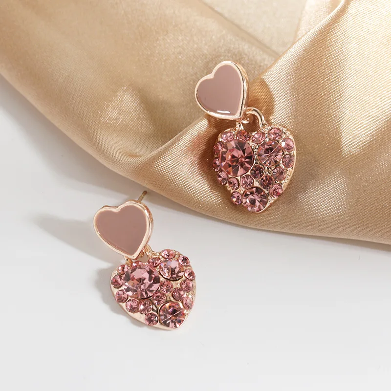 

2020 Vintage Pink Rhinestone Heart Drop Earrings Simple Enamel Love Pendent Korean Fashion Earrings for Women Girls Ear Jewelry