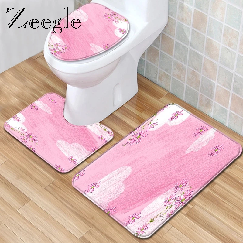 Zeegle Microfiber Bath Mat Set Bathroom Carpet Lid Toilet Cover Non-slip Water Absorption Bathroom Mat Toilet Decoration Rug