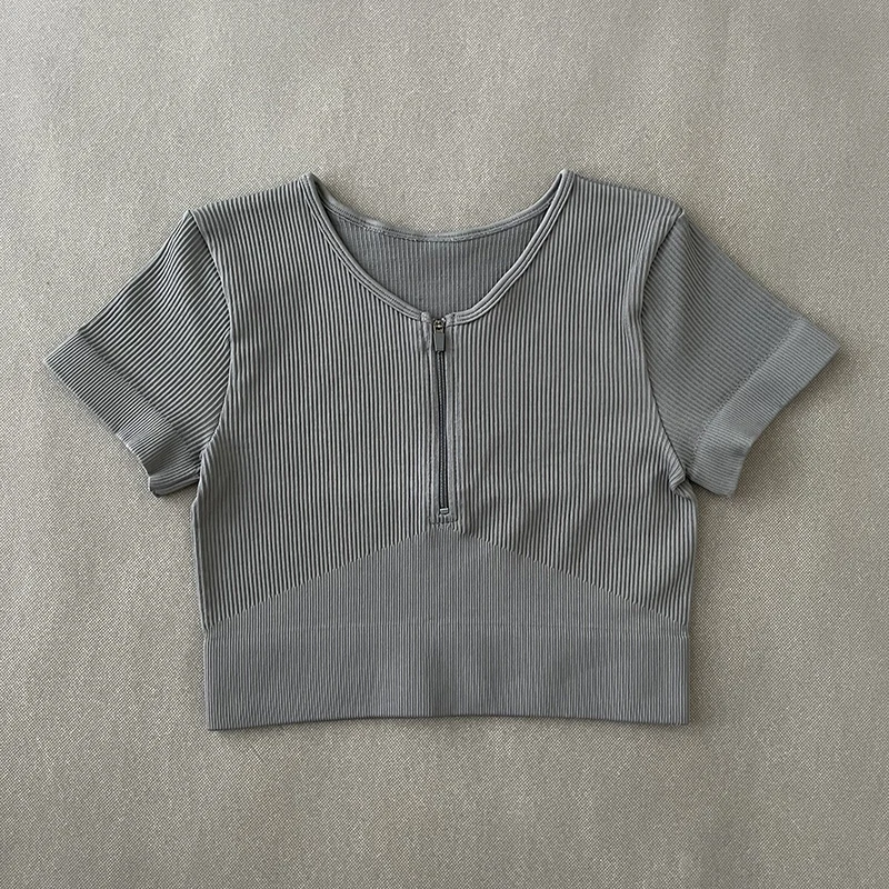 Woman Sports Top With Zipper Yoga Crop Top Ribbed Short Sleeve For Fitness Workout T-shirt Tops Gym Clothing Sportswear sports t shirt yoga top yoga shirt sports shirt