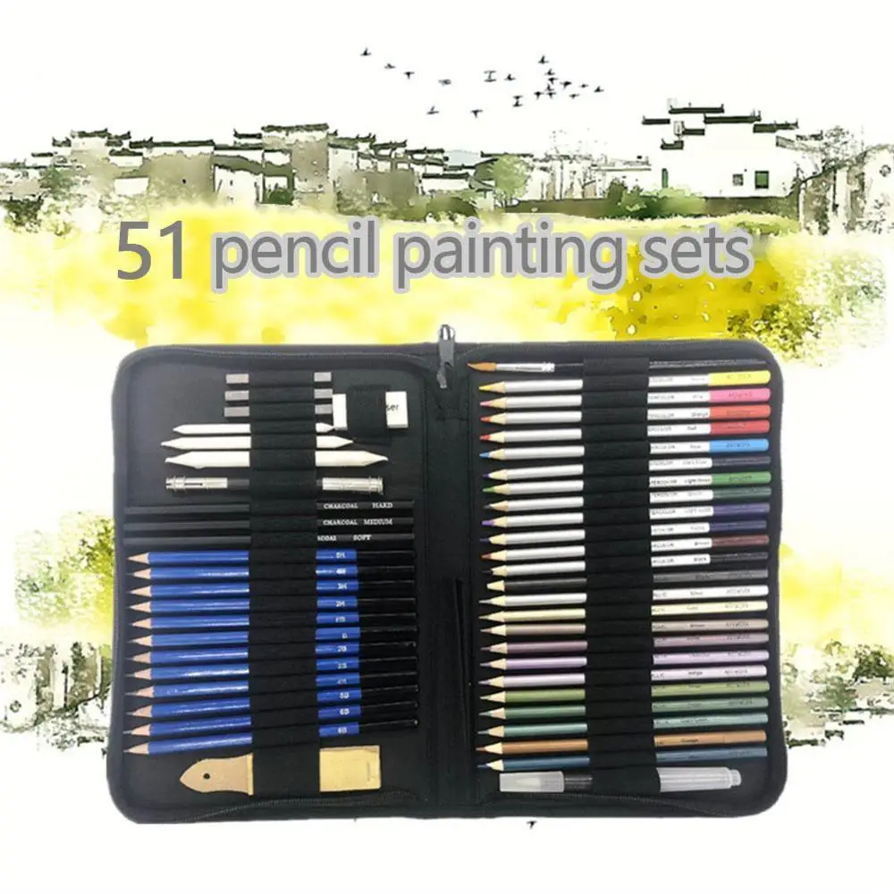 

51Pcs/Set Professional Drawing Kit Wood Pencil Sketching Pencils Art Sketch Painting Supplies With Carrying Bag