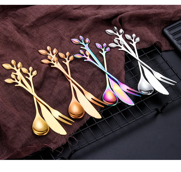 Stainless steel leaf spoon coffee spoon fruit fork cake fork stirring spoon fork creative dessert knife and fork spoon