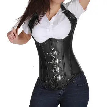 

Vberry Waist Slimming Corset 24 Steel Bonings Black Leather Corset Underbust Korsett Plus Size Corset