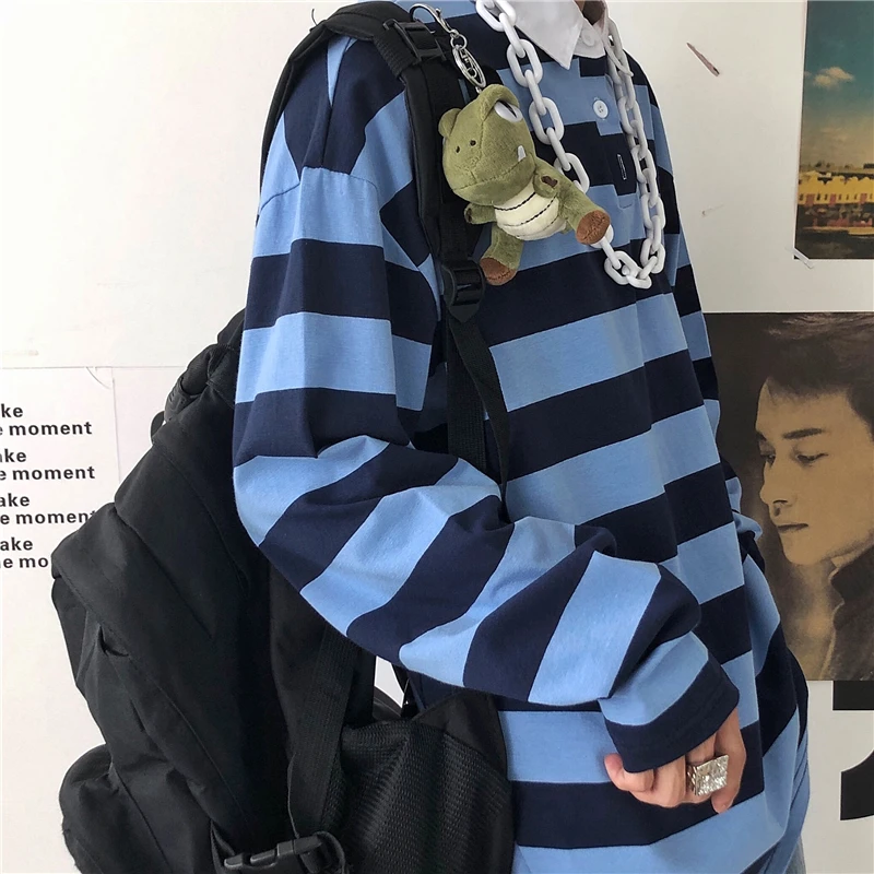 Футболка в полоску с отложным воротником и пуговицами, футболка, Топ Harajuku, уличная одежда, корейский пуловер, Осень-зима, повседневная, негабаритная