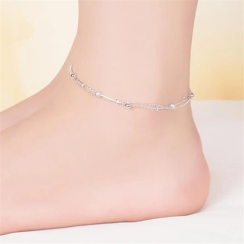 KOFSAC Trendy proste podwójna warstwa kostki bransoletka łańcuch boso sandał biżuteria plażowa 925 Sterling srebrne obrączki dla kobiet prezent
