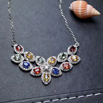

Natural Multicolor sapphire necklace Pendant S925 silver natural gemstone necklace Luxurious Wide Row woman party gift jewelry