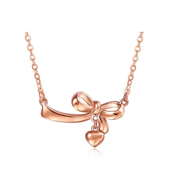 

Hotest Trendy Bowknot Heart 18K Pure Real Solid Genuine Gold Charm Pendant Necklace Set For Women Girl Fancy Office Jewelry Gift