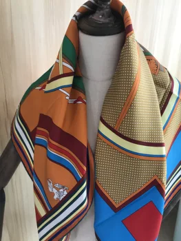 

2020 new arrival spring classic orange pattern 100% pure silk scarf twill hand made roll 90*90 cm shawl wrap for women lady gift