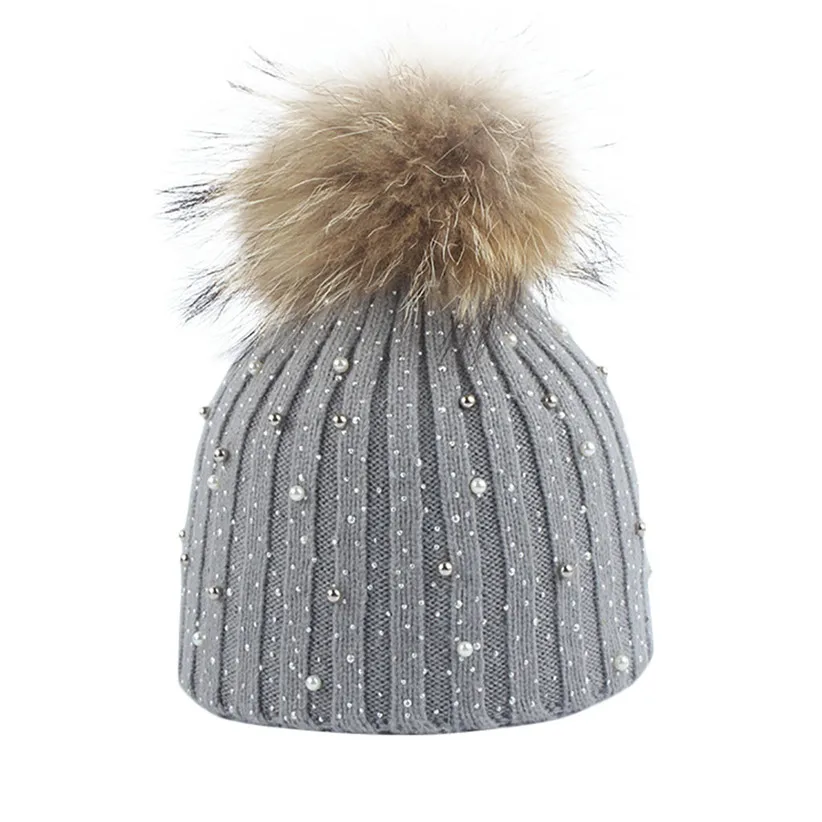 Шапки-бини с бисером для женщин и девочек, зимние теплые вязаные шапки со съемным помпоном, лыжная шапка для женщин, облегающая эластичная шапка 9911 - Цвет: Gray