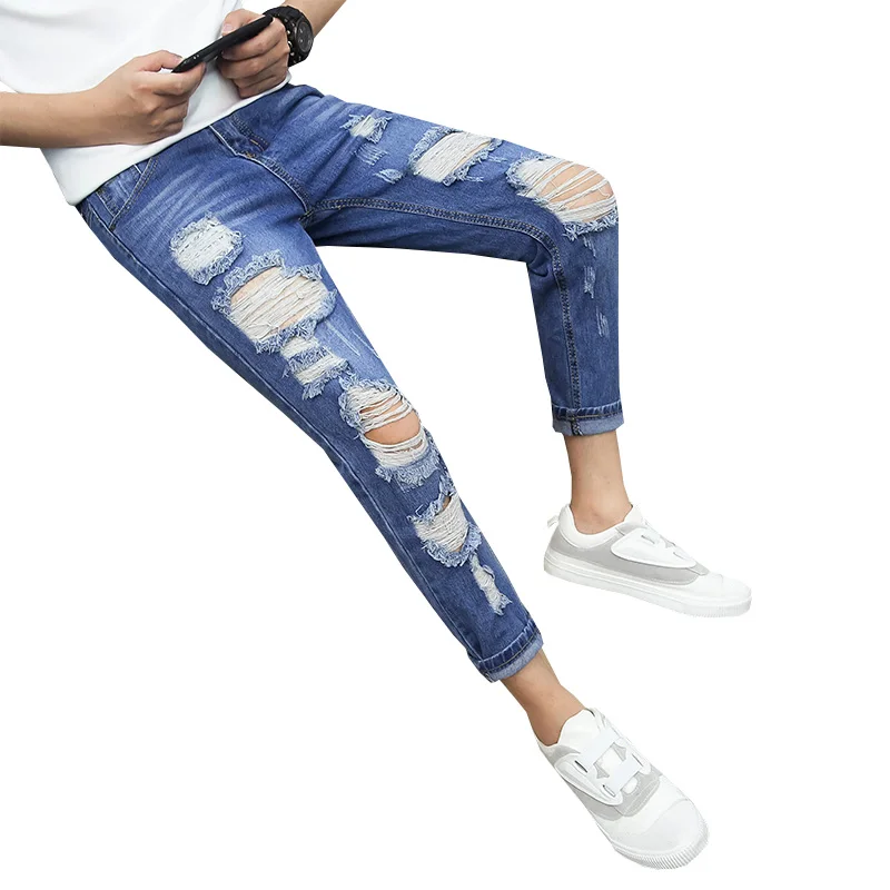 Men Stretchy Ripped Skinny Biker Embroidery Print Jeans Destroyed Hole Taped Slim Fit Denim Scratched High Quality Jean