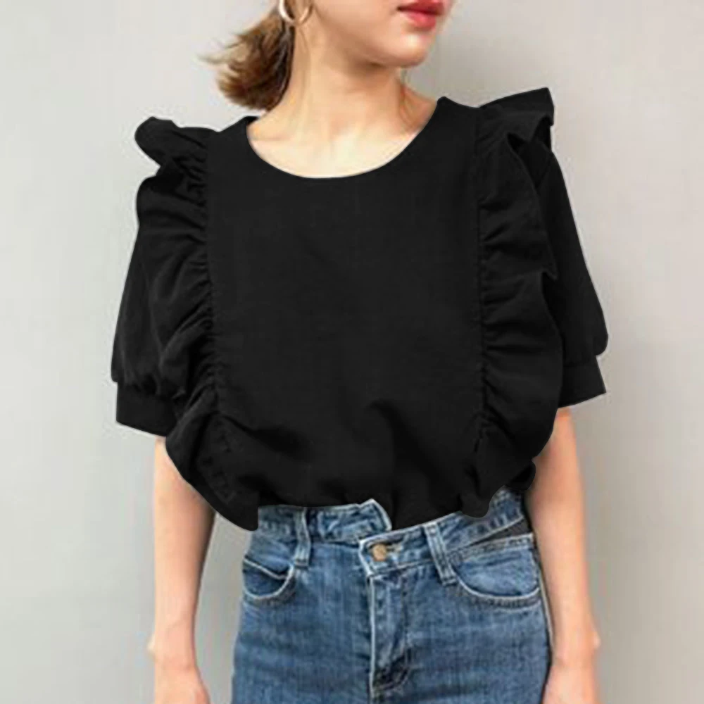 

Woman Tops Short Sleeve Ruffle Blouse Korean Japan Retro Round-Collar Solid Slim Shirt Elegant Chic Vintage Casual Top Clothing