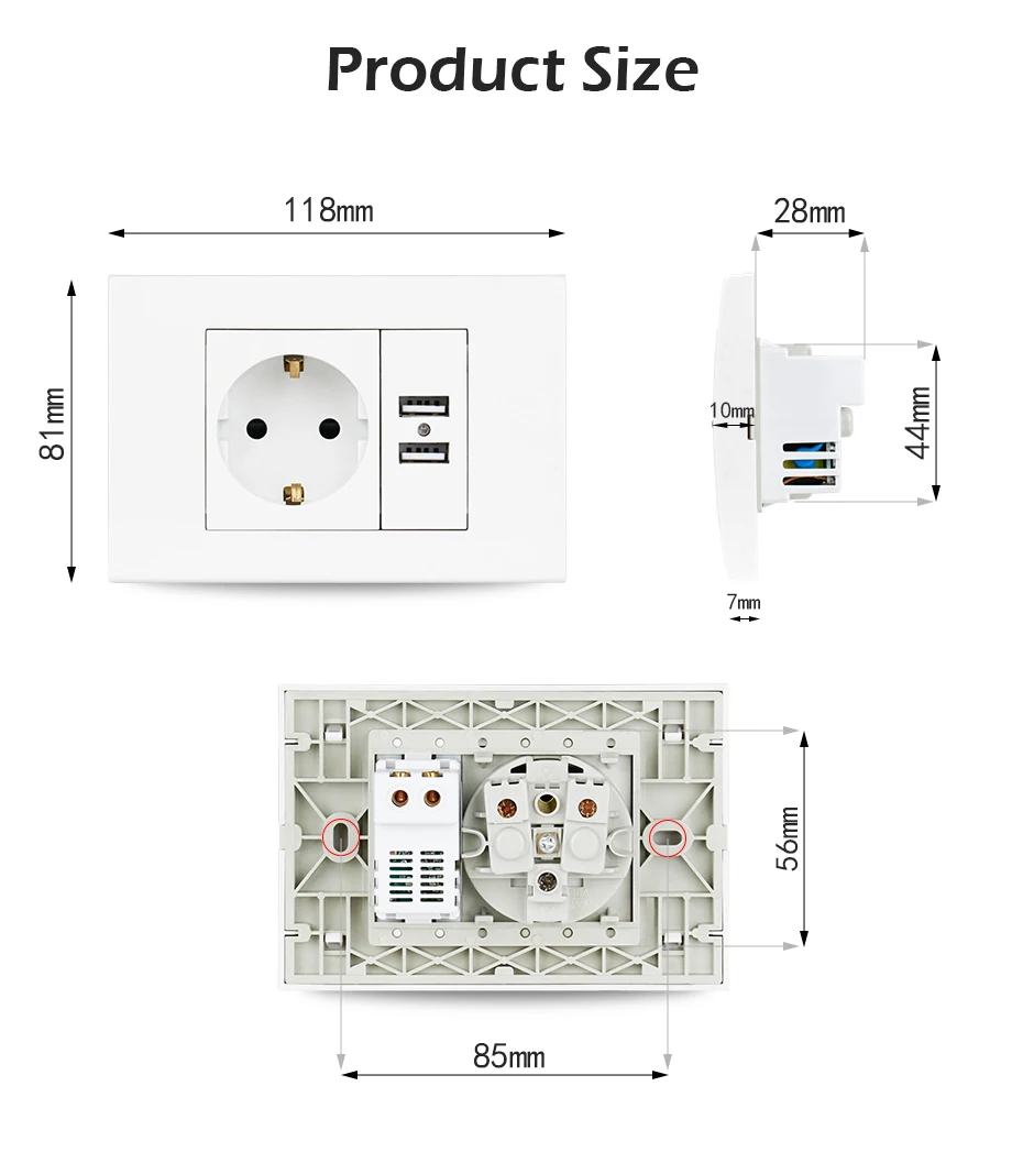 Minitiger настенная розетка USB штепсельная вилка с заземлением 16A ЕС стандартный отвод с 1000mA Двойная зарядка с usb-разъемом Порты и разъёмы для мобильного телефона 118 мм* 80 мм