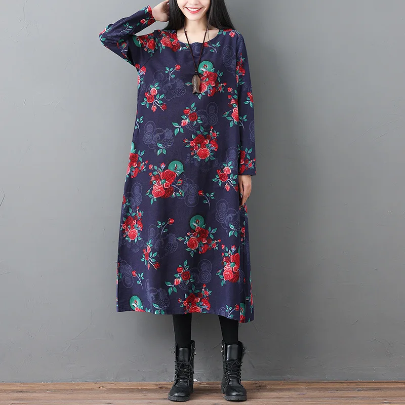 

2019 Autumn Clothing New Style Ethnic-Style Long Sleeve Long Skirts Loose And Plus-sized WOMEN'S Dress Cotton Linen Printed Big