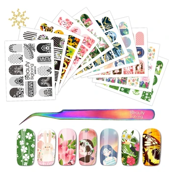 

11Pcs/Set 10 Sheets Water Nail Stickers Decals Floral Adhesive Manicure Stickers With 1 Nail Tweezer K510