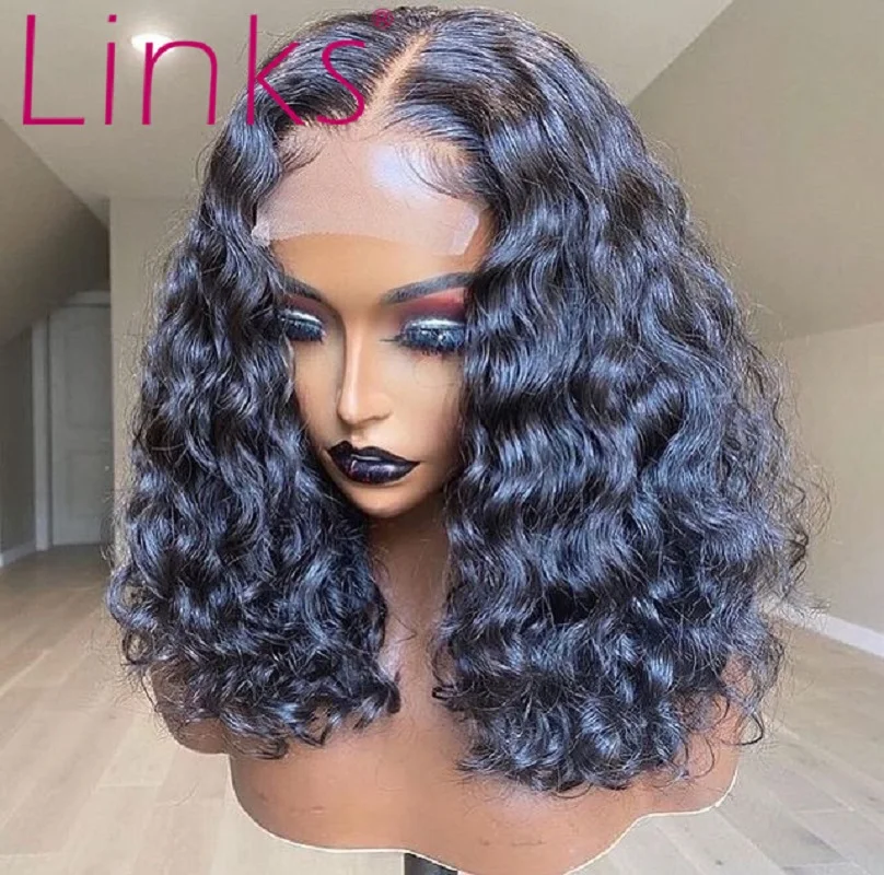 Enlaces Jerry Rizado corto Bob 4x3 4x4 5x5 cierre peluca con malla Frontal Remy cabello humano brasileño encaje Frontal pelucas para mujeres negras de la onda profunda