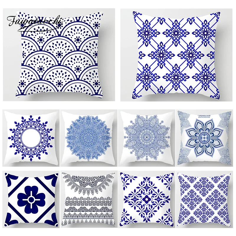 

Fuwatacchi Mandala Floral Blue Cushion Cover Sea Pillows Cover Geometric Sailing Printed Pillow Case Home Decor Throw Pillowcase