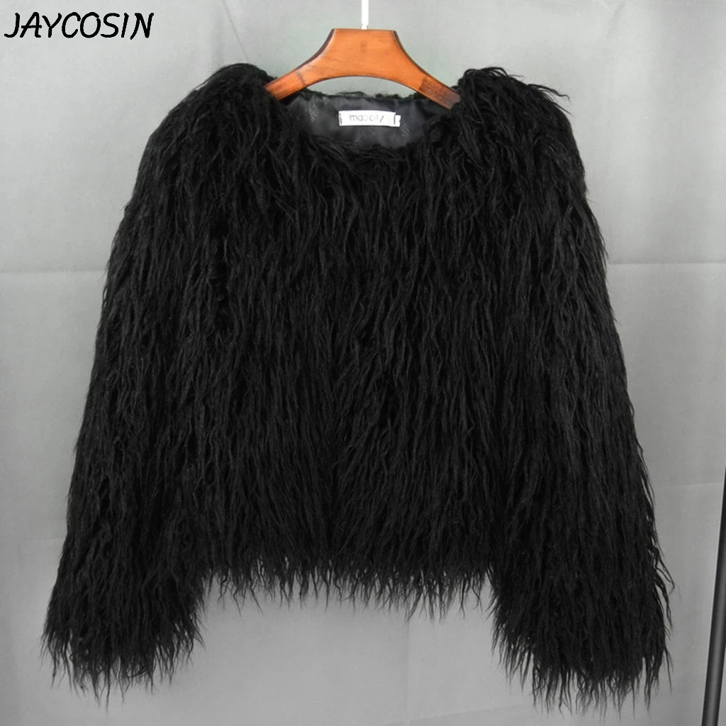 JAYCOSIN, Женская толстовка, однотонный, искусственный мех, плюш, длинный рукав, круглый вырез, толстовка, Зимняя мода, короткий свитшот, пальто, пуловер, топы