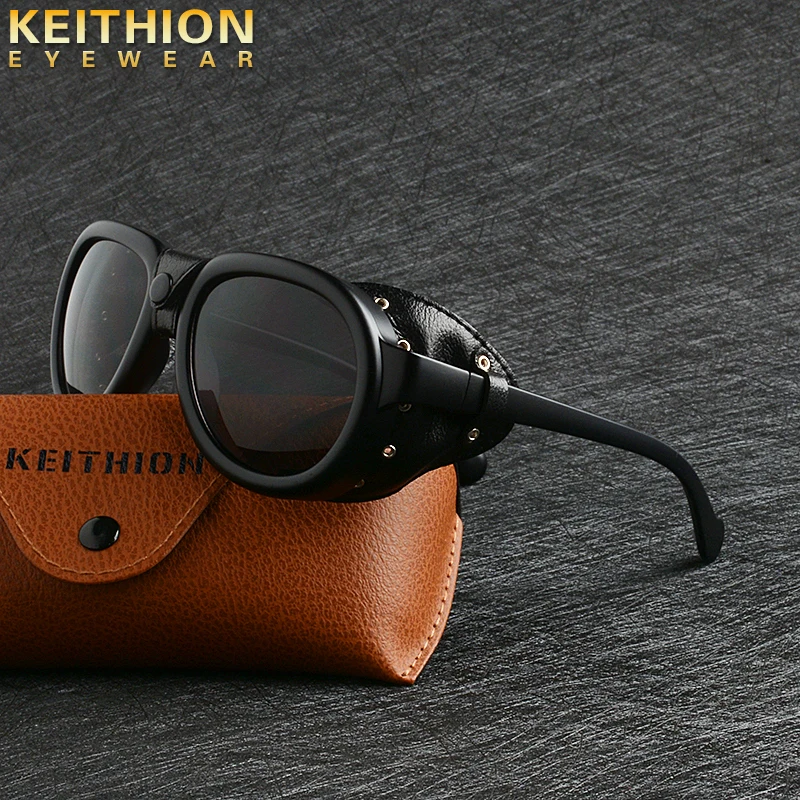 KEITHION Ретро паровой панк Sunglasse мужские круглые дизайнерские паровые панк pu кожаные щитки женские солнцезащитные очки UV400 Gafas de Sol