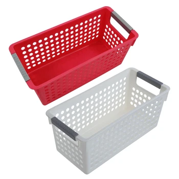 

2 Pcs Stackable Plastic Storage Baskets/Bins Organizer Fruit Toys Clothes Glove Box S:29 X 16 X 2 cm, White & Red
