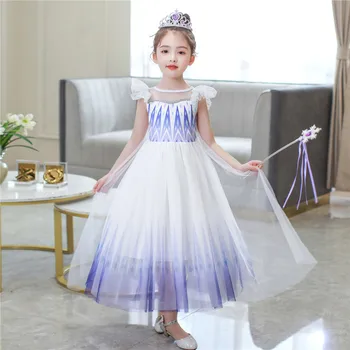 

Children's summer sleeveless dress Anime Frozen 2 cosplay Snow Queen Elsa Halloween kids party blue princess dress and wig