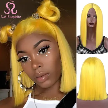 

SUe EXQUISITE Short Straight Synthetic Lace Front Wig Blonde Pink Black Lace Wigs for Black Women Natural Wigs Cosplay Wig