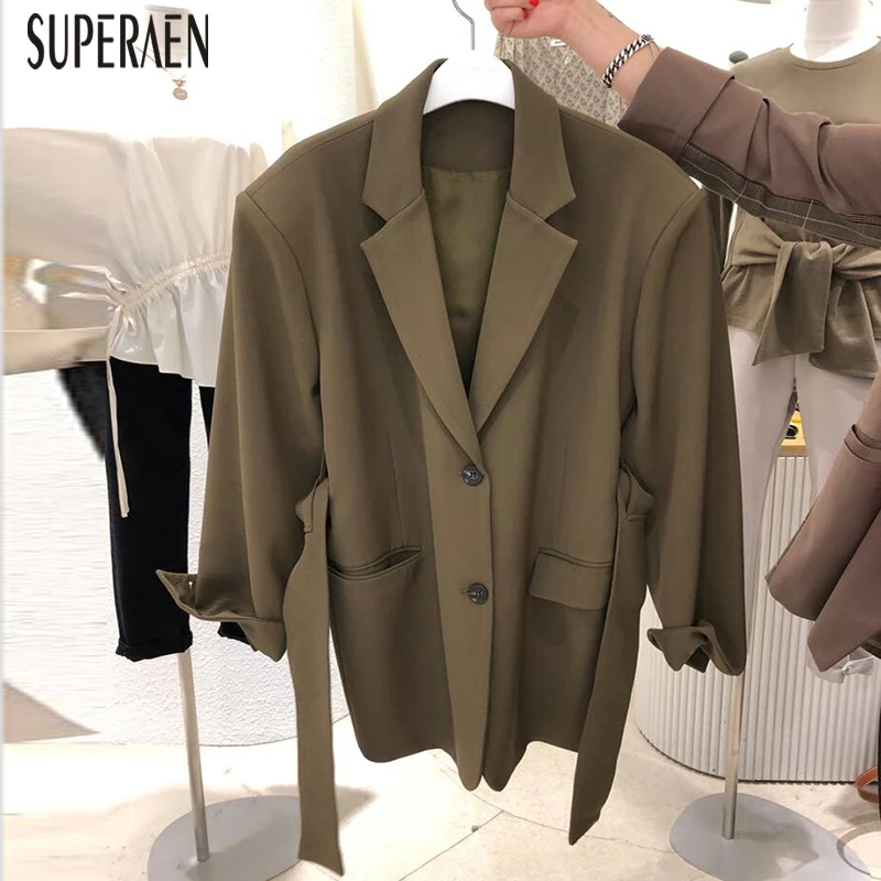 SuperAen, корейский стиль, женский костюм, куртки, осень и зима, новые, одноцветные, женские куртки, с длинным рукавом, с отворотом, женская одежда