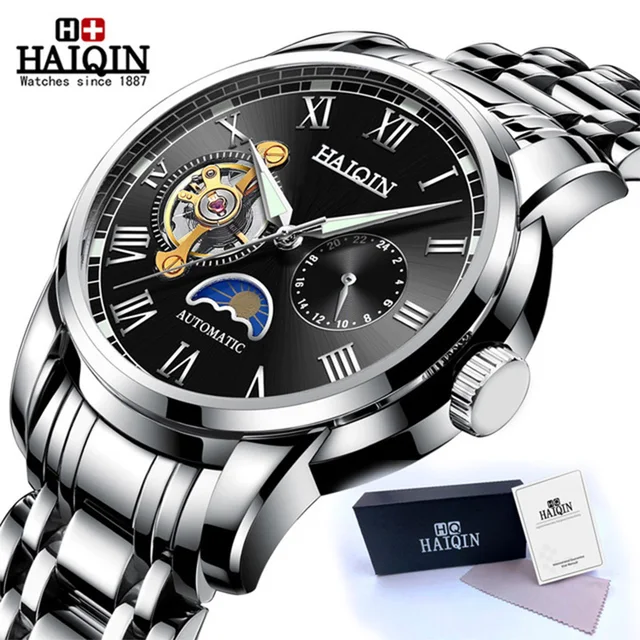 HAIQIN Automatic Mechanical Watch Men Stainless Steel Watches Mens Brand Luxury Business Waterproof Wristwatch relogio masculino Silver Black S