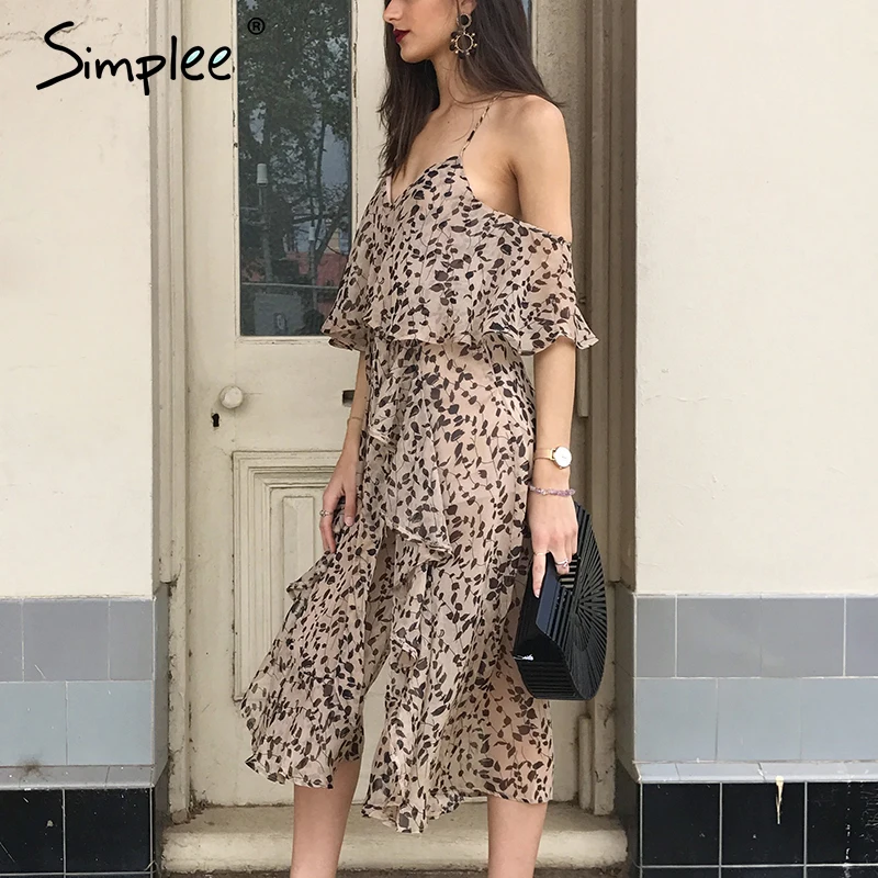 Женский шифоновый комбинезон Simplee на бретелях ромпер с оборками принтом