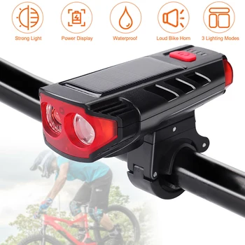 

Solar Powered USB Rechargeable Bicycle Headlight Waterproof LED Mountain Bike Front Head Light Flashlight T6 Double Beads W Horn