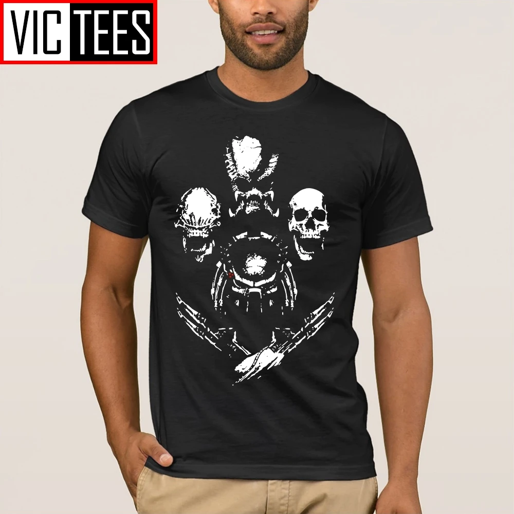 Men's Vintage Tees Trophy Hunter Aliens vs Predator Horror Men T Shirts Male 100% Cotton T-Shirt Design Round Collar Tops